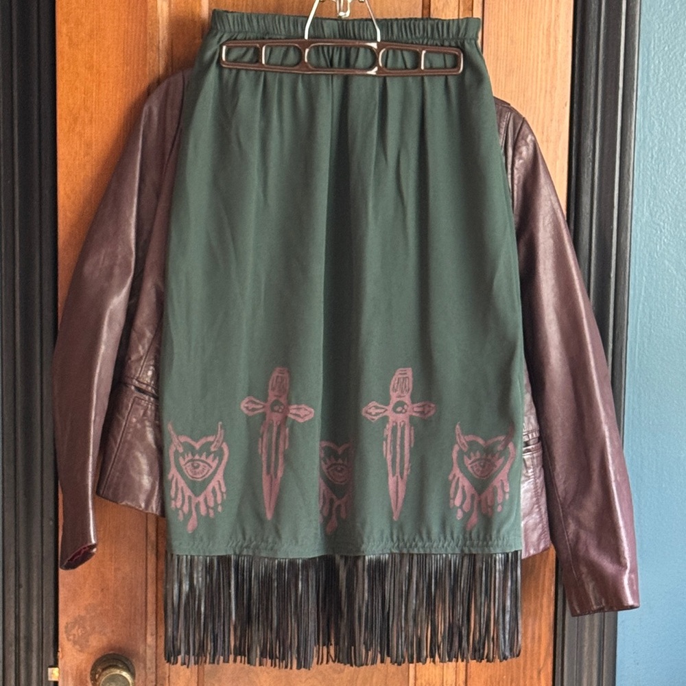 Vintage size 12 green skirt up-cycled fringe OOAK design